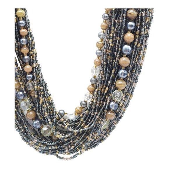 Multi Strand Beaded Statement Necklace Gold Tone Hook Clasp JAPAN Vintage - Picture 4 of 8